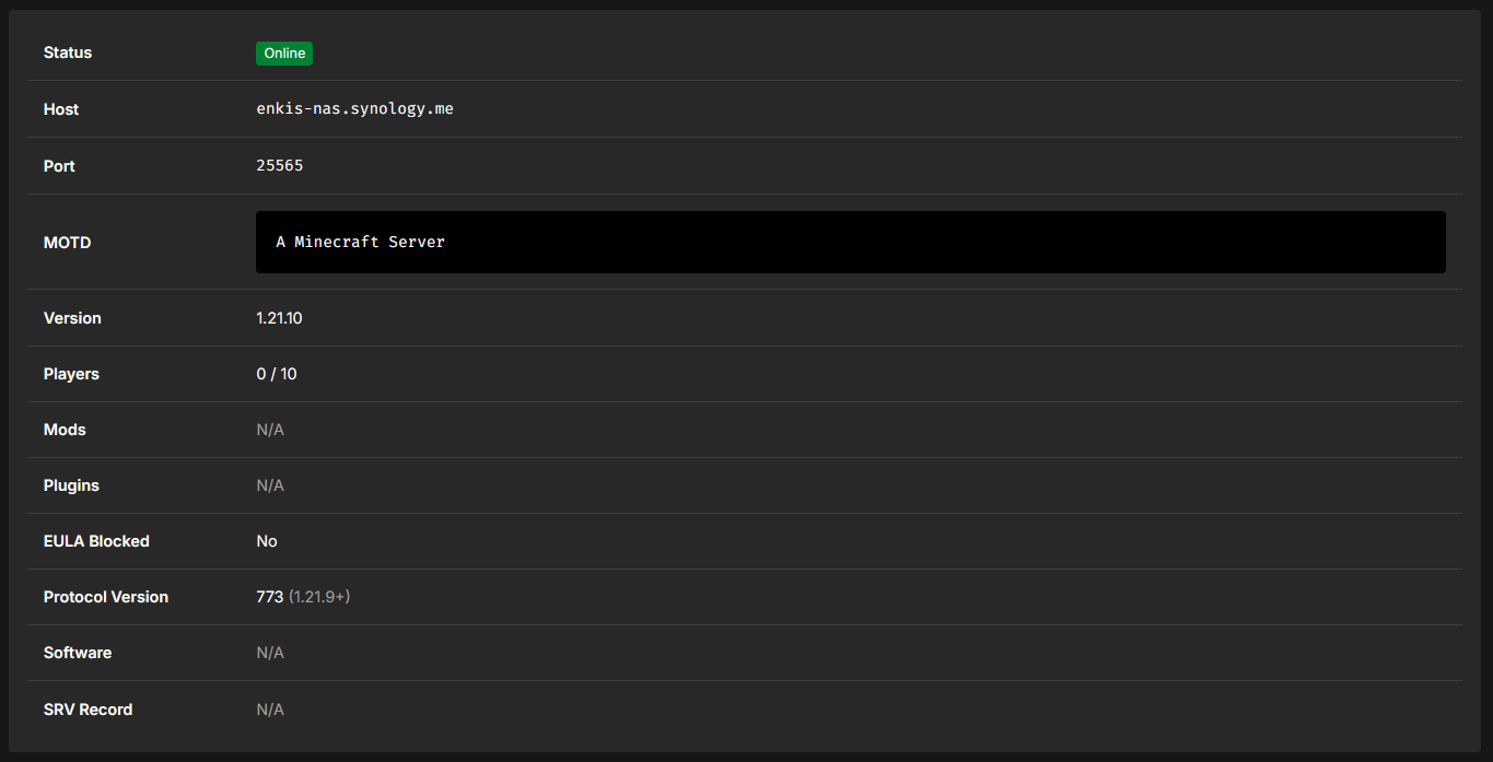 Minecraft Server Status und Verbindungsinformationen